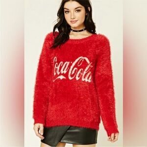 Coca Cola Women's Red Fuzzy Sweater, M